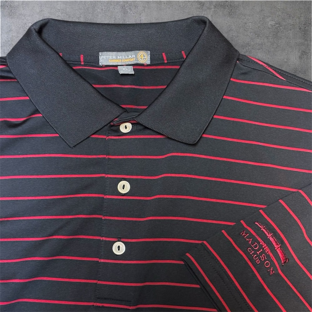 Peter Millar Black and Red Striped Golf Polo  Shirt Size XL - The Madison Club